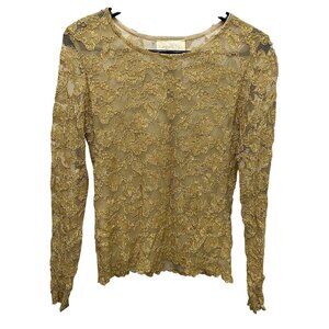 Caché Gold Lace Small Long Sleeve Top Elegant Mesh Floral Design Lightweight